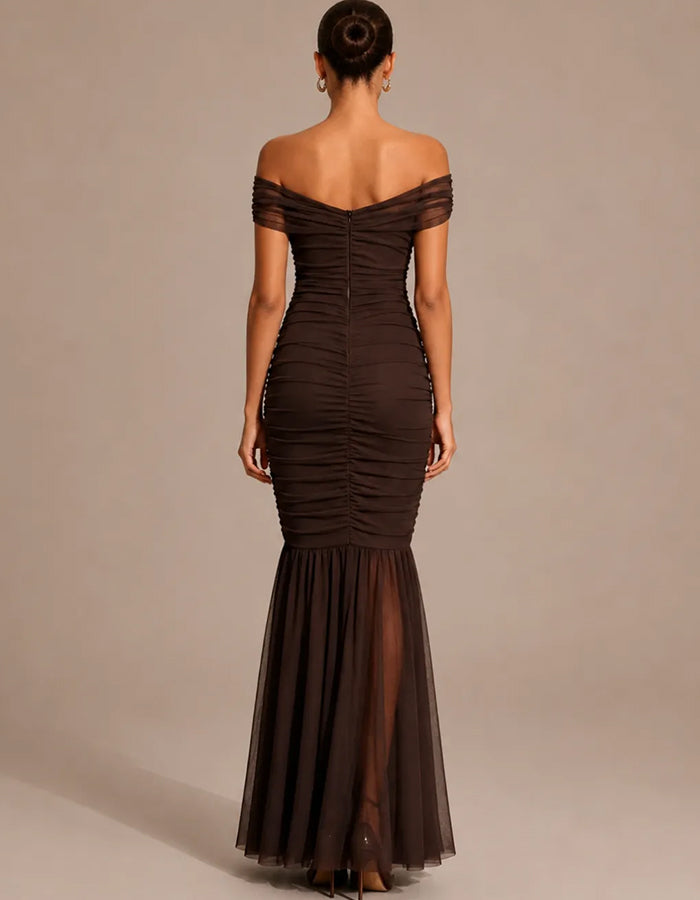 Off‑The‑Shoulder Mesh Ruched Mermaid Maxi Dress
