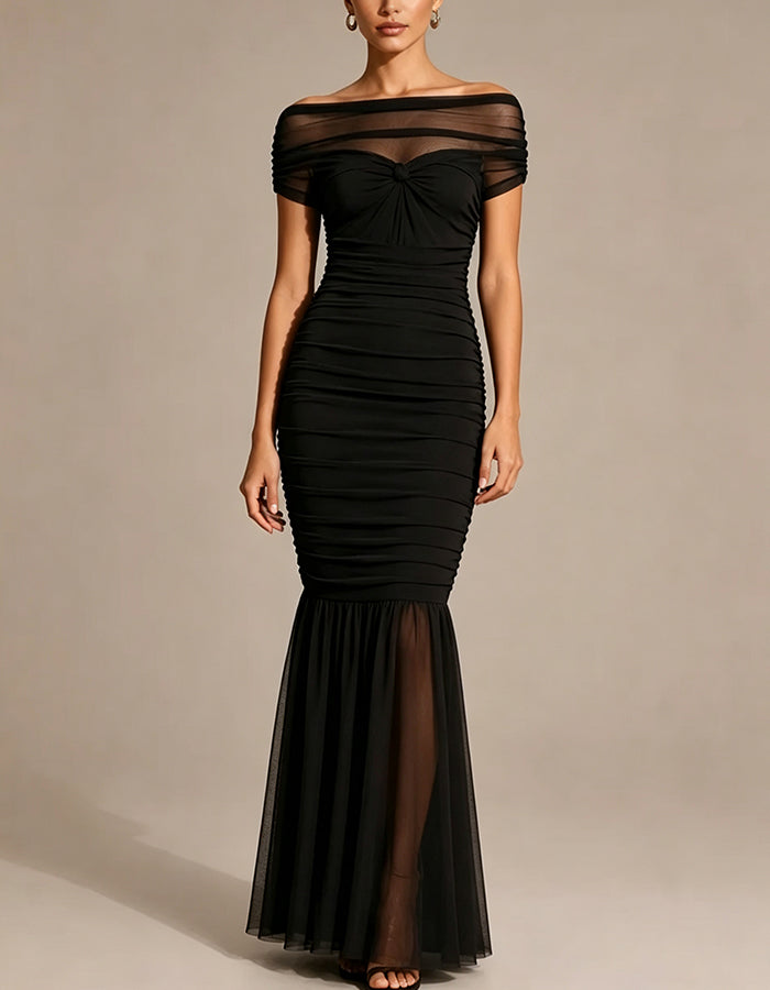 Off‑The‑Shoulder Mesh Ruched Mermaid Maxi Dress