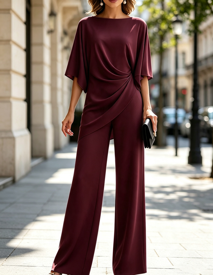 Boat Neck Draped Top And Wide-leg Trousers 2-piece set