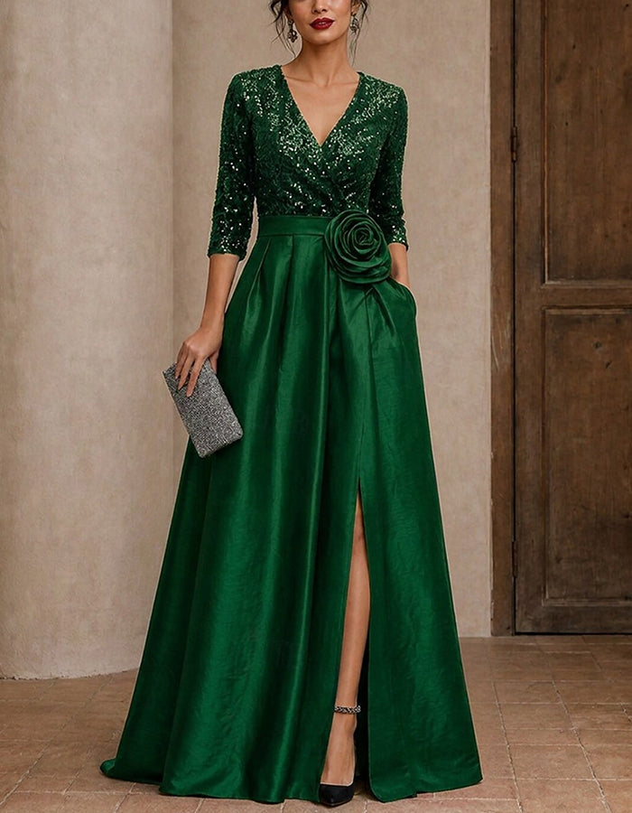 Sequin V‑Neck 3/4 Sleeve Satin A‑Line Slit Maxi Dress