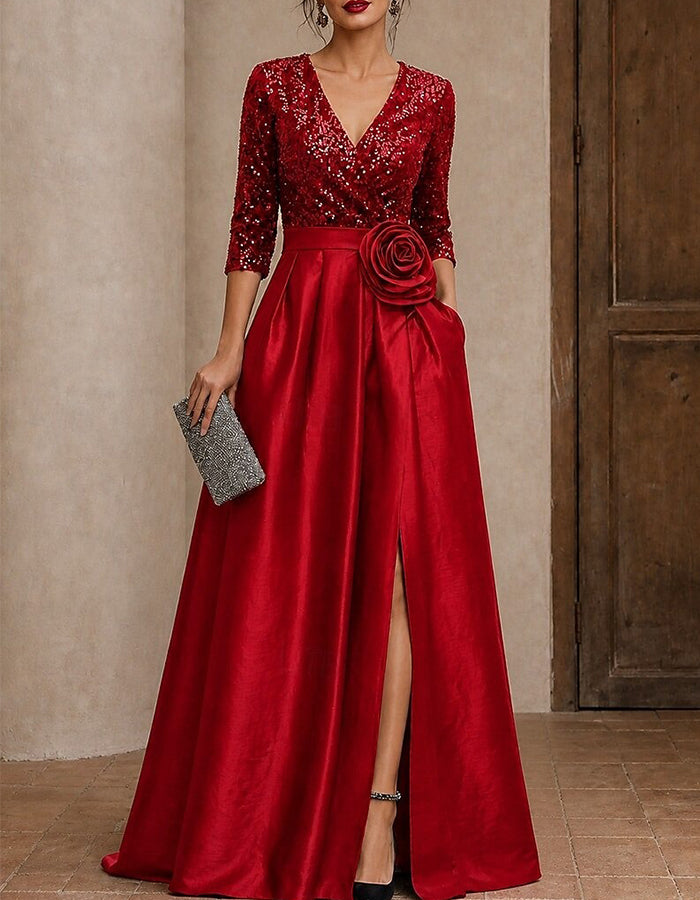Sequin V‑Neck 3/4 Sleeve Satin A‑Line Slit Maxi Dress