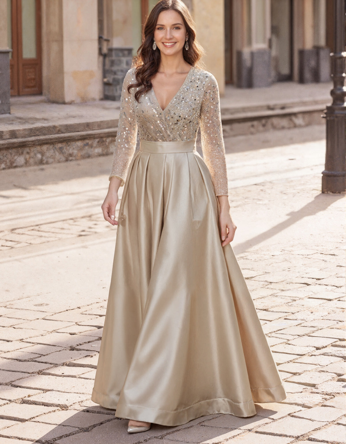 Champagne Sequined V-Neck Long Sleeved Satin Maxi Dress