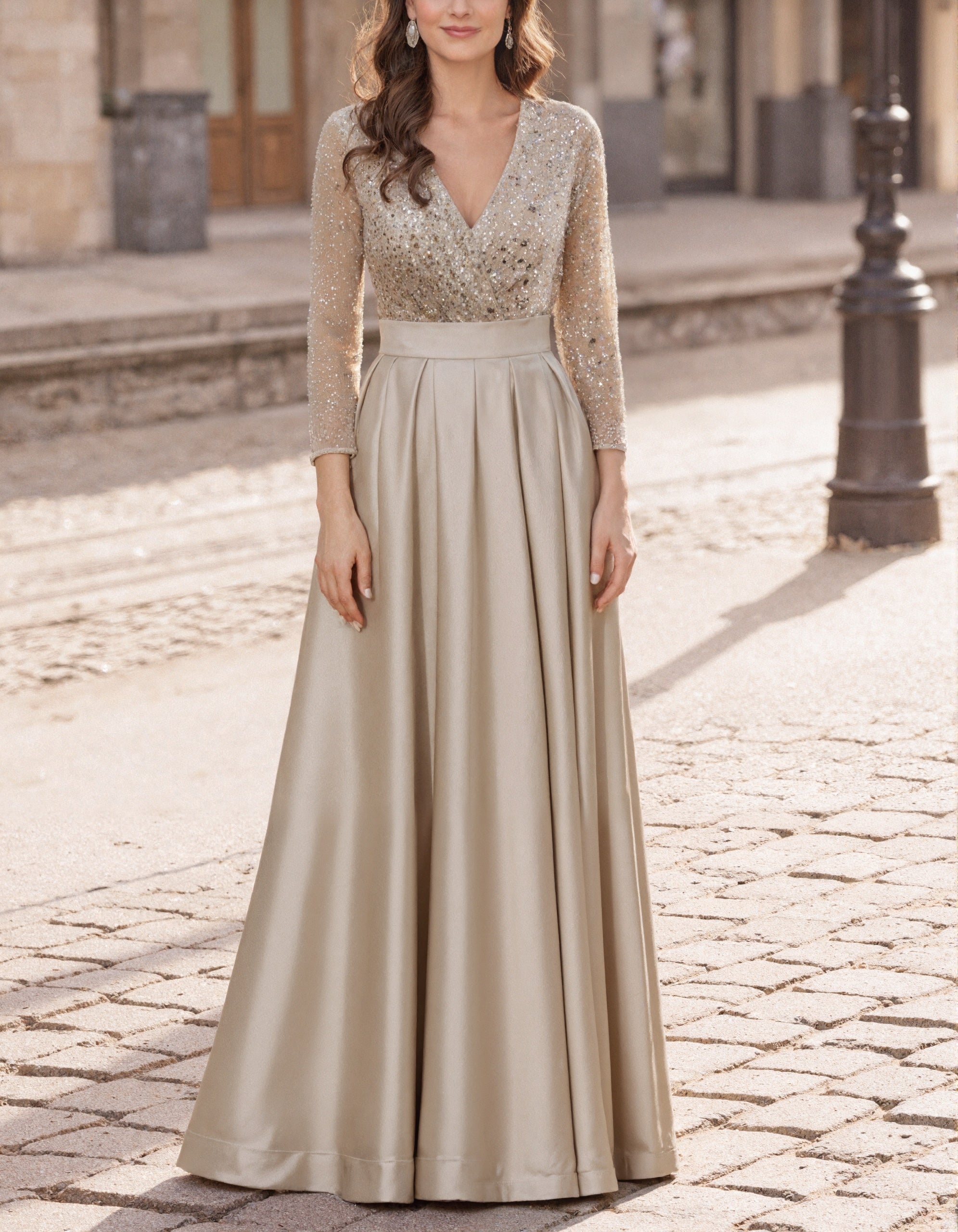 Champagne Sequined V-Neck Long Sleeved Satin Maxi Dress