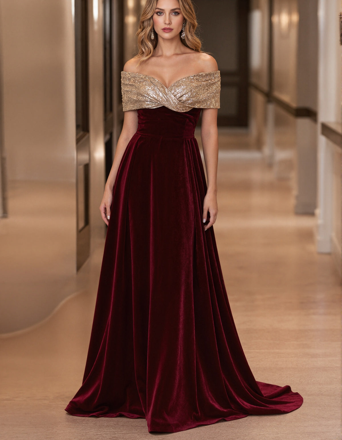 Burgundy Off Shoulder Sequined Velvet Train Maxi Dress