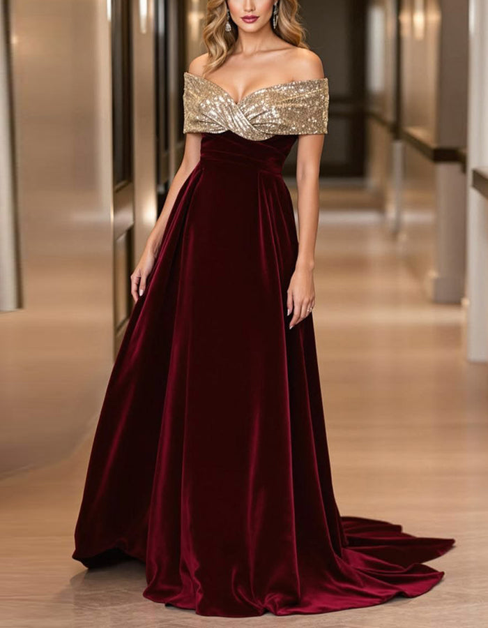 Burgundy Off Shoulder Sequined Velvet Train Maxi Dress