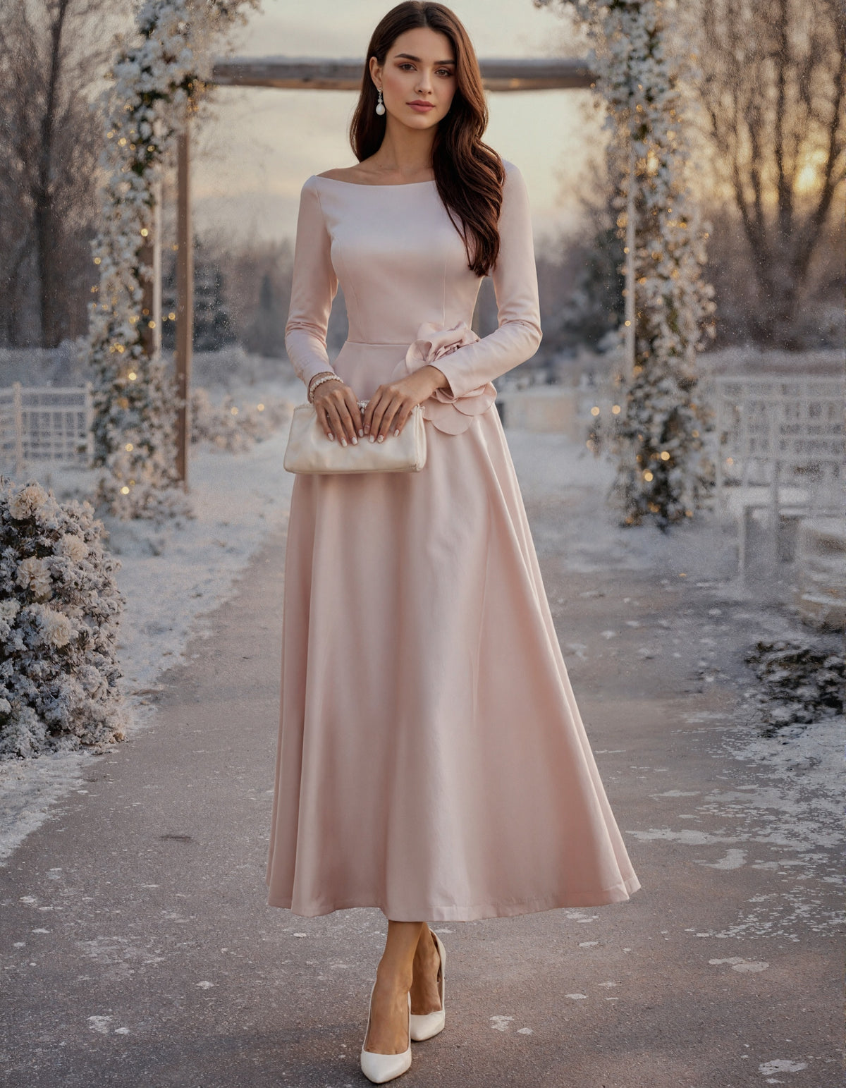 Pink Boat Neck Long Sleeve Satin Maxi Dress