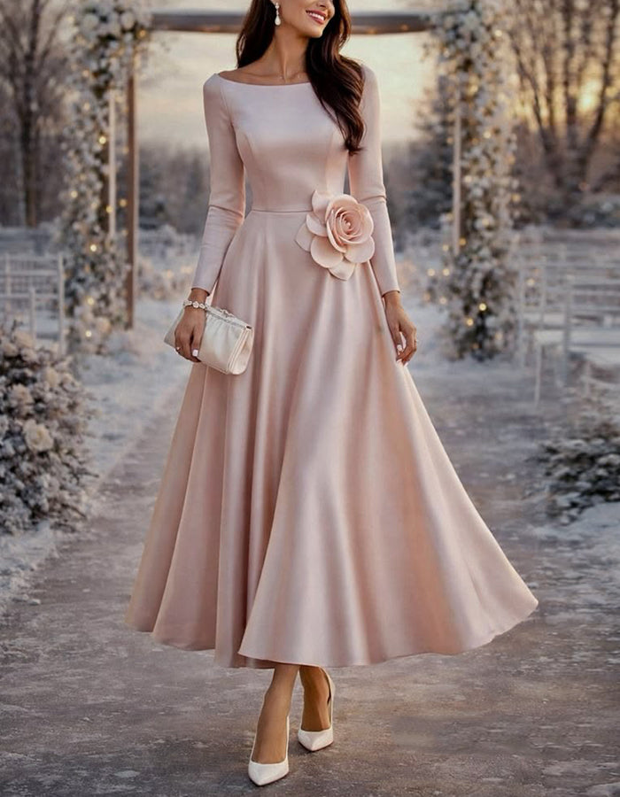 Pink Boat Neck Long Sleeve Satin Maxi Dress