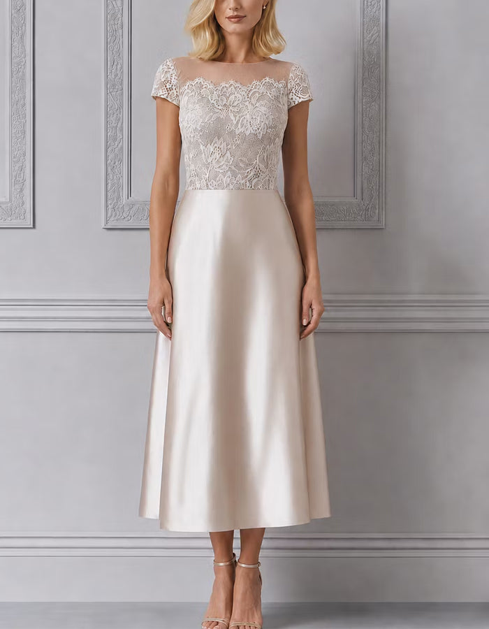 Champagne Colored Tulle Neckline With Lace Satin Midi Dress