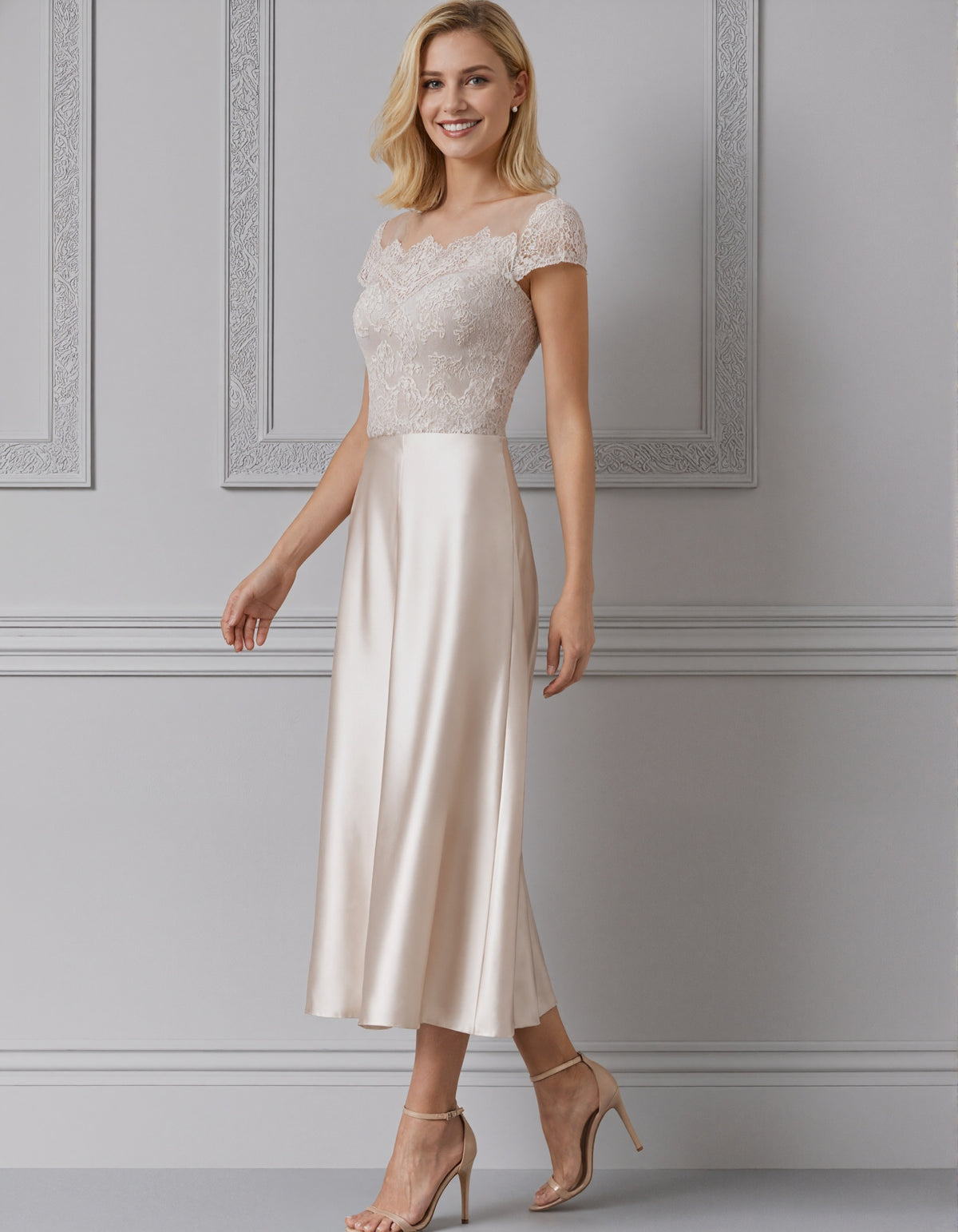 Champagne Colored Tulle Neckline With Lace Satin Midi Dress