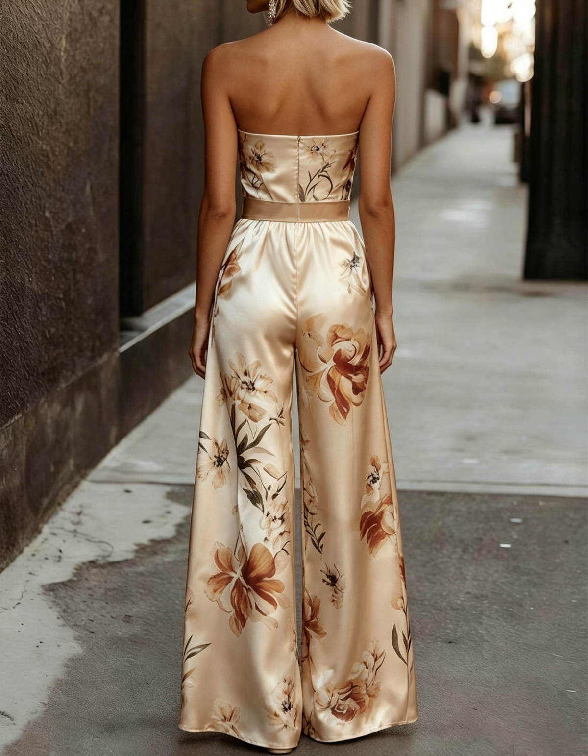 Champagne Strapless Satin Floral‑Print Bow Waist Sash Side Pockets Jumpsuit