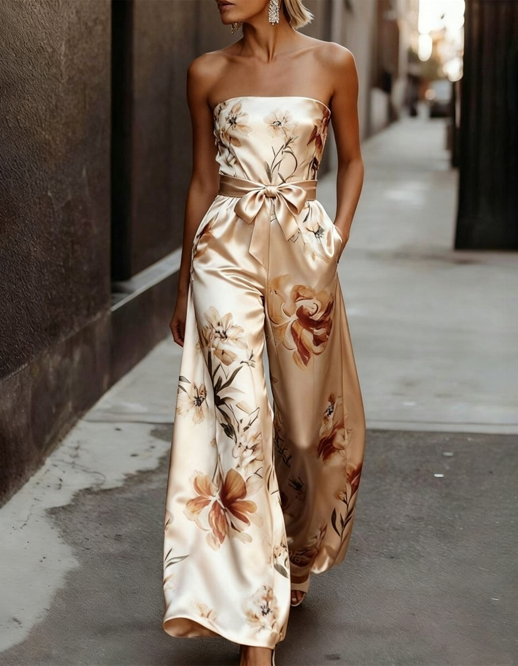 Champagne Strapless Satin Floral‑Print Bow Waist Sash Side Pockets Jumpsuit