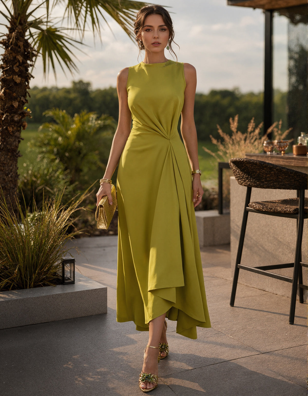 Avocado Green Sleeveless Crew Neck With Irregular Knot Maxi Dress