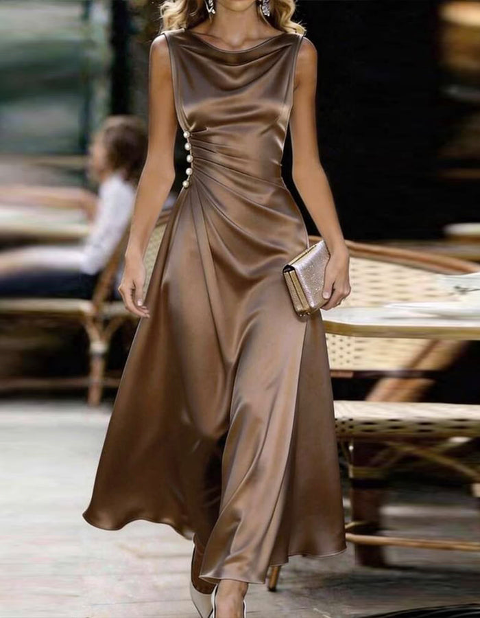 Coffee Colored Draped Neck Sleeveless Satin Maxi Dress