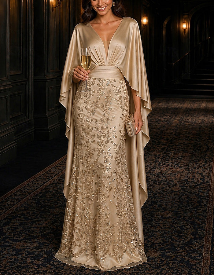 Champagne Deep V‑Neck Cape Sleeve Sequin Embroidered Satin Mermaid Maxi Dress