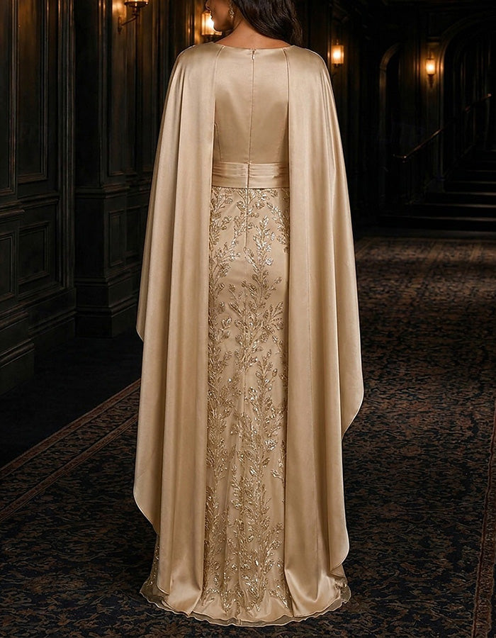 Champagne Deep V‑Neck Cape Sleeve Sequin Embroidered Satin Mermaid Maxi Dress