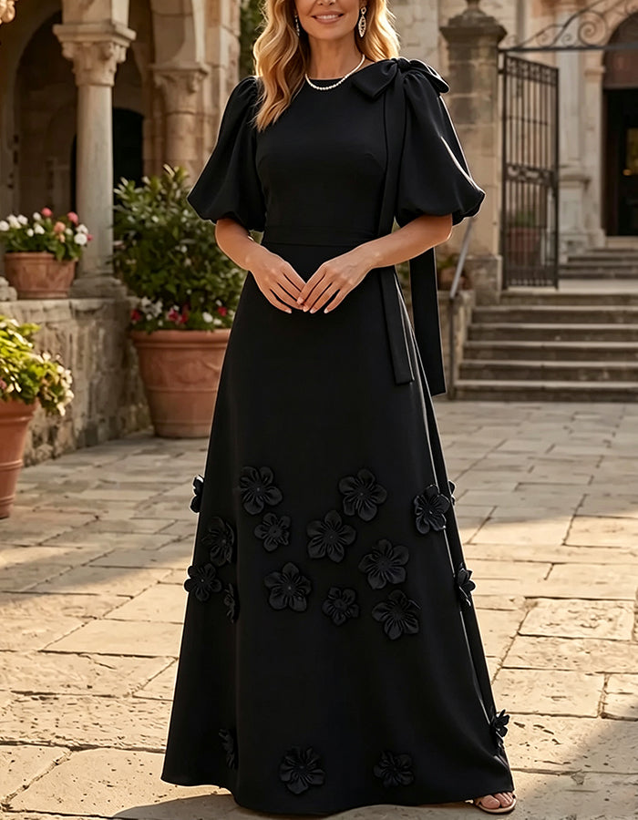 Puff Sleeve Bow 3D Floral A‑Line Maxi Dress