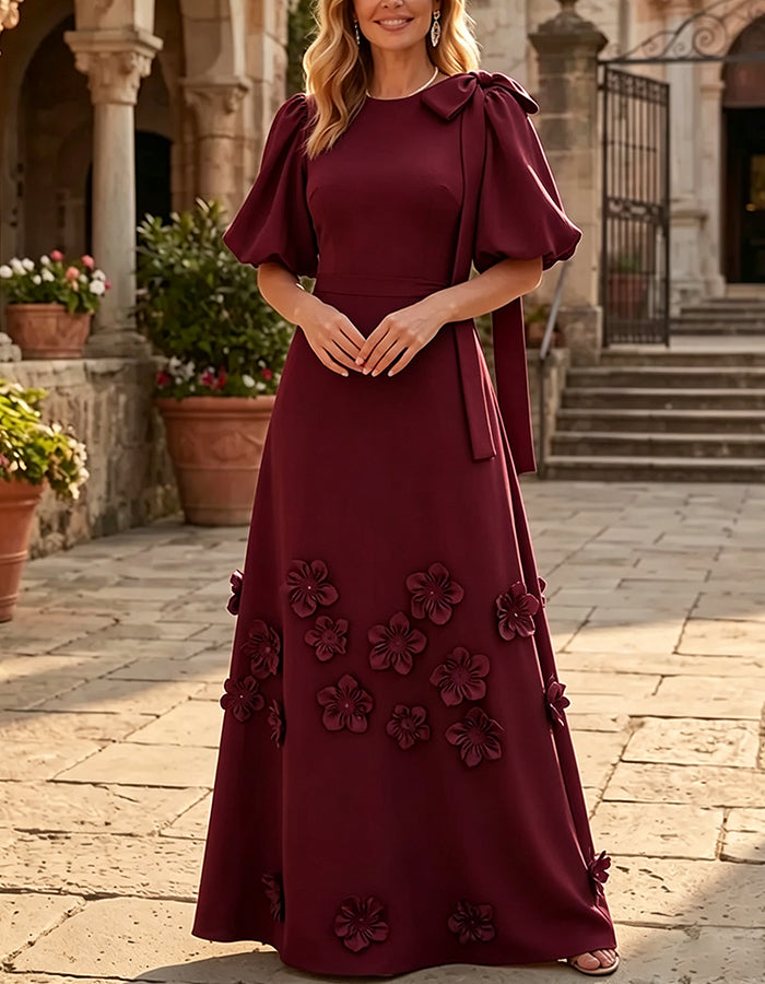 Puff Sleeve Bow 3D Floral A‑Line Maxi Dress