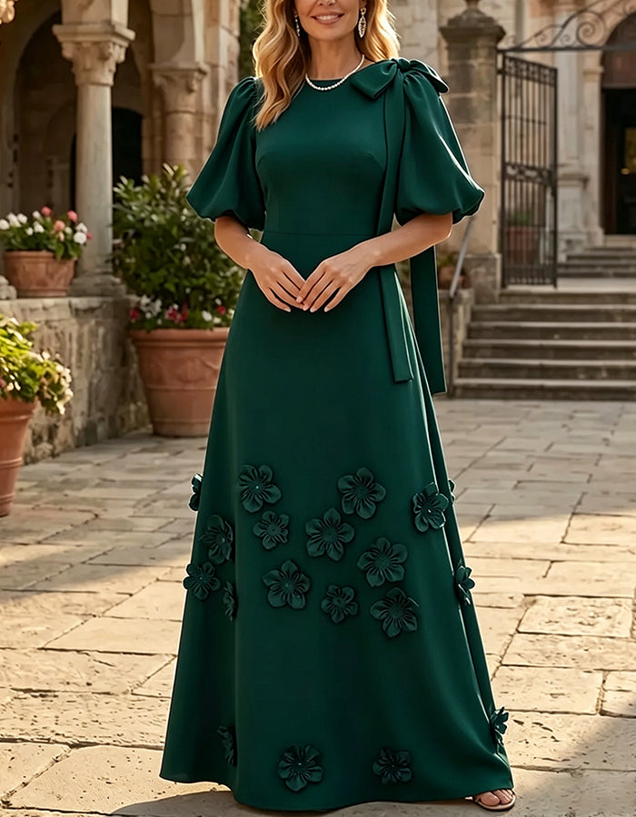 Puff Sleeve Bow 3D Floral A‑Line Maxi Dress