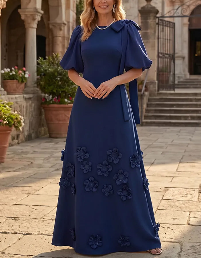 Puff Sleeve Bow 3D Floral A‑Line Maxi Dress