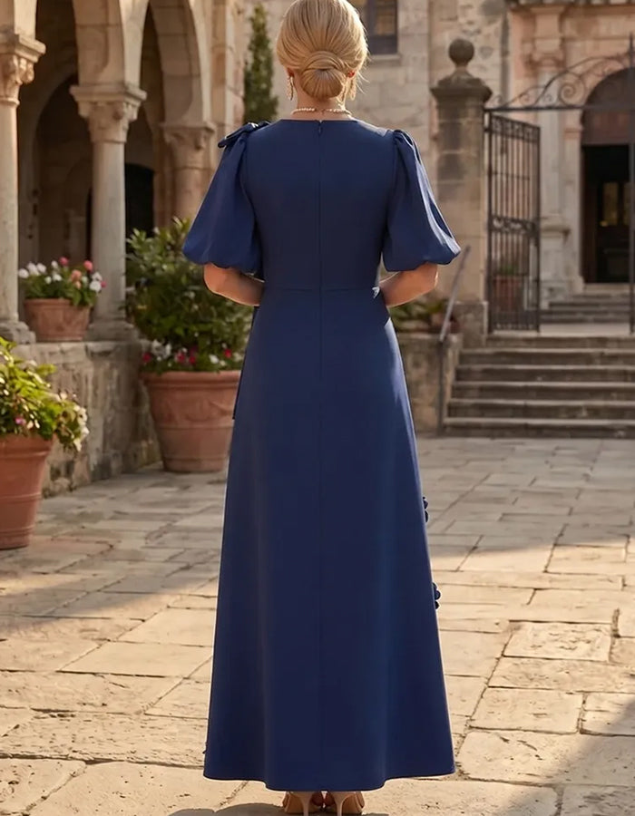 Puff Sleeve Bow 3D Floral A‑Line Maxi Dress