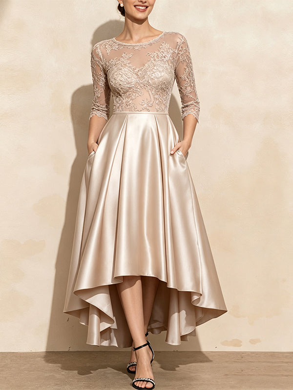 Solid Color Lace Three Quarter Sleeve High And Low Hem Satin Maxi Dress