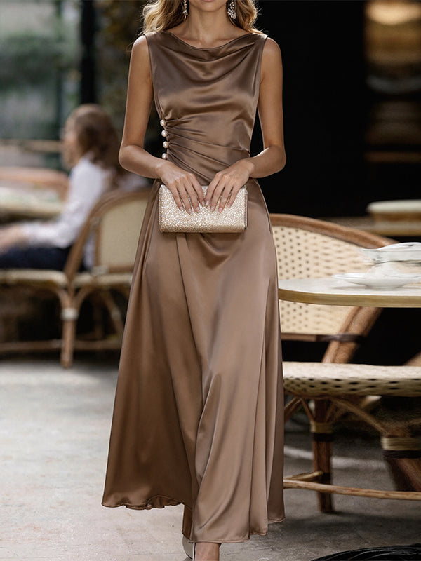 Coffee Colored Draped Neck Sleeveless Satin Maxi Dress