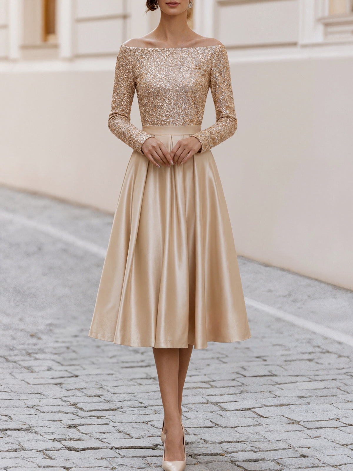 Champagne Colored Off Shoulder Long Sleeved Sequined Satin Midi Dress