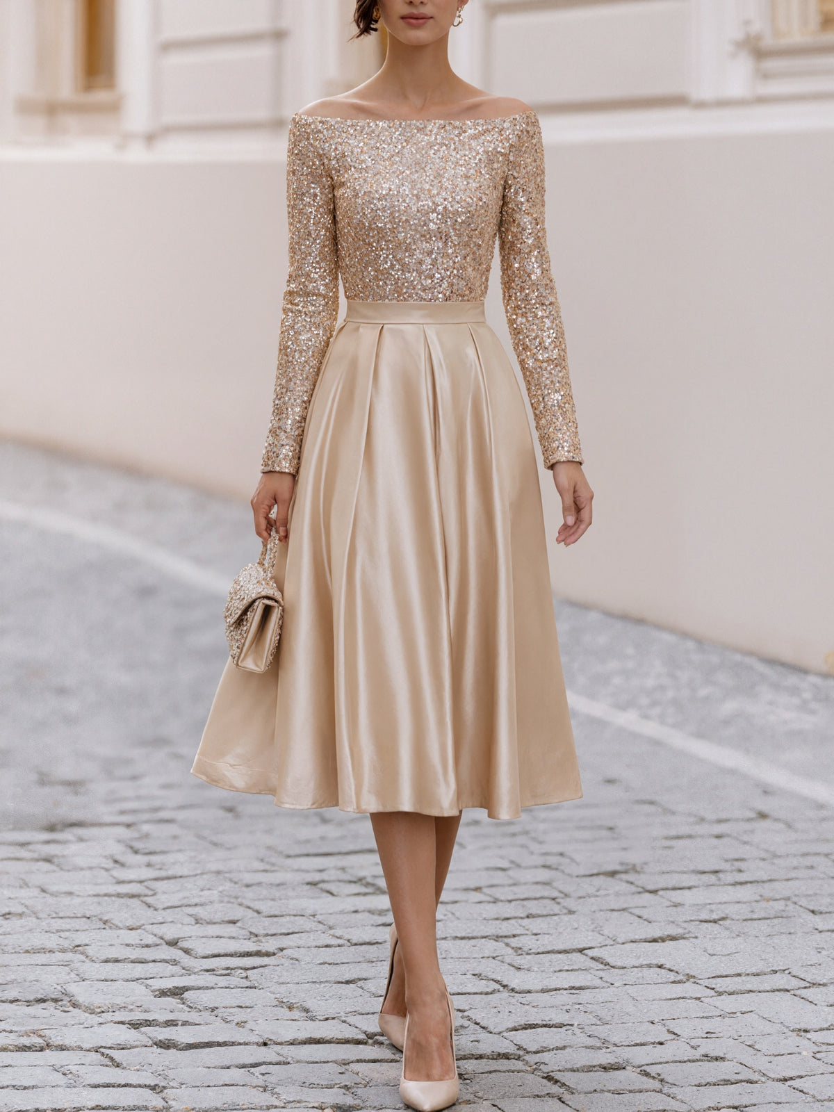 Champagne Colored Off Shoulder Long Sleeved Sequined Satin Midi Dress