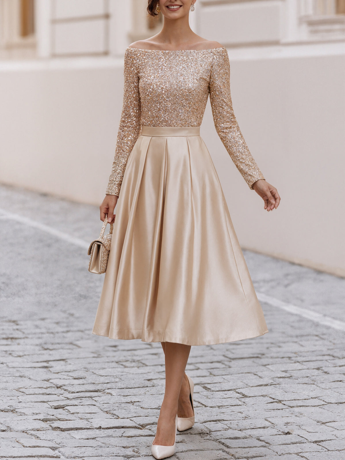 Champagne Colored Off Shoulder Long Sleeved Sequined Satin Midi Dress