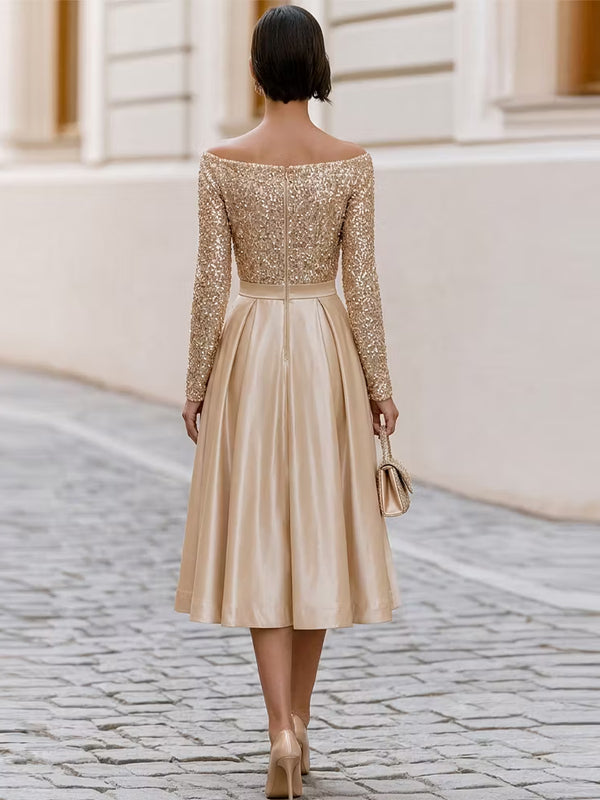 Champagne Colored Off Shoulder Long Sleeved Sequined Satin Midi Dress
