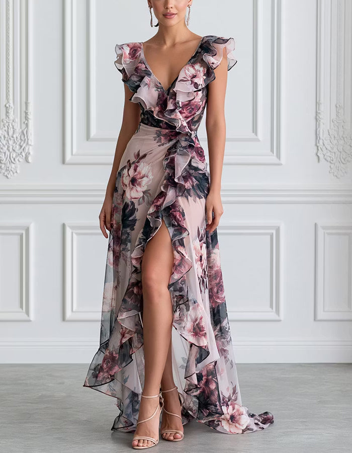 Light Pink Floral Print Ruffled Chiffon Maxi Dress