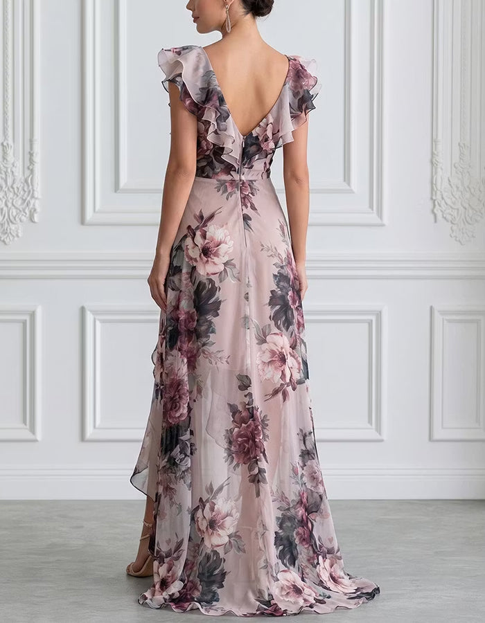 Light Pink Floral Print Ruffled Chiffon Maxi Dress