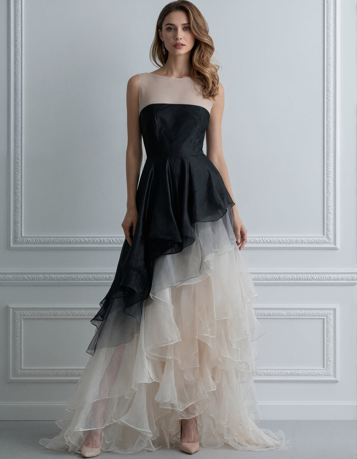Asymmetrical Layering Of Black And Light Champagne Sleeveless Organza Fabric Maxi Dress