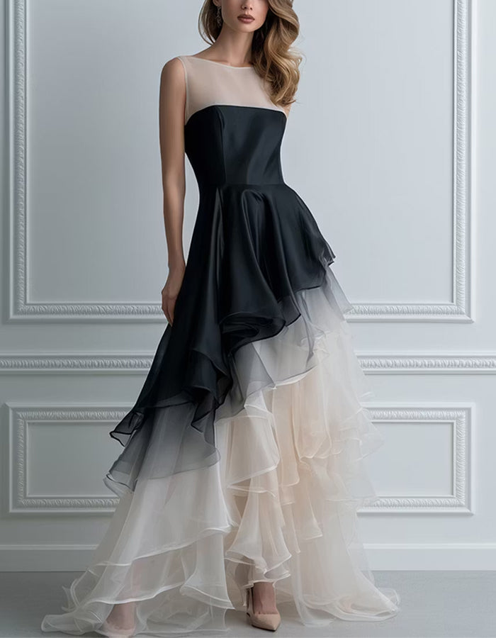 Asymmetrical Layering Of Black And Light Champagne Sleeveless Organza Fabric Maxi Dress