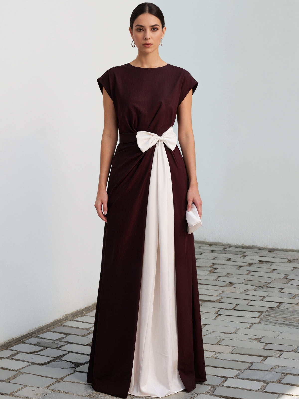 Burgundy And Ivory Color Blocked Round Neck Satin Maxi Dress