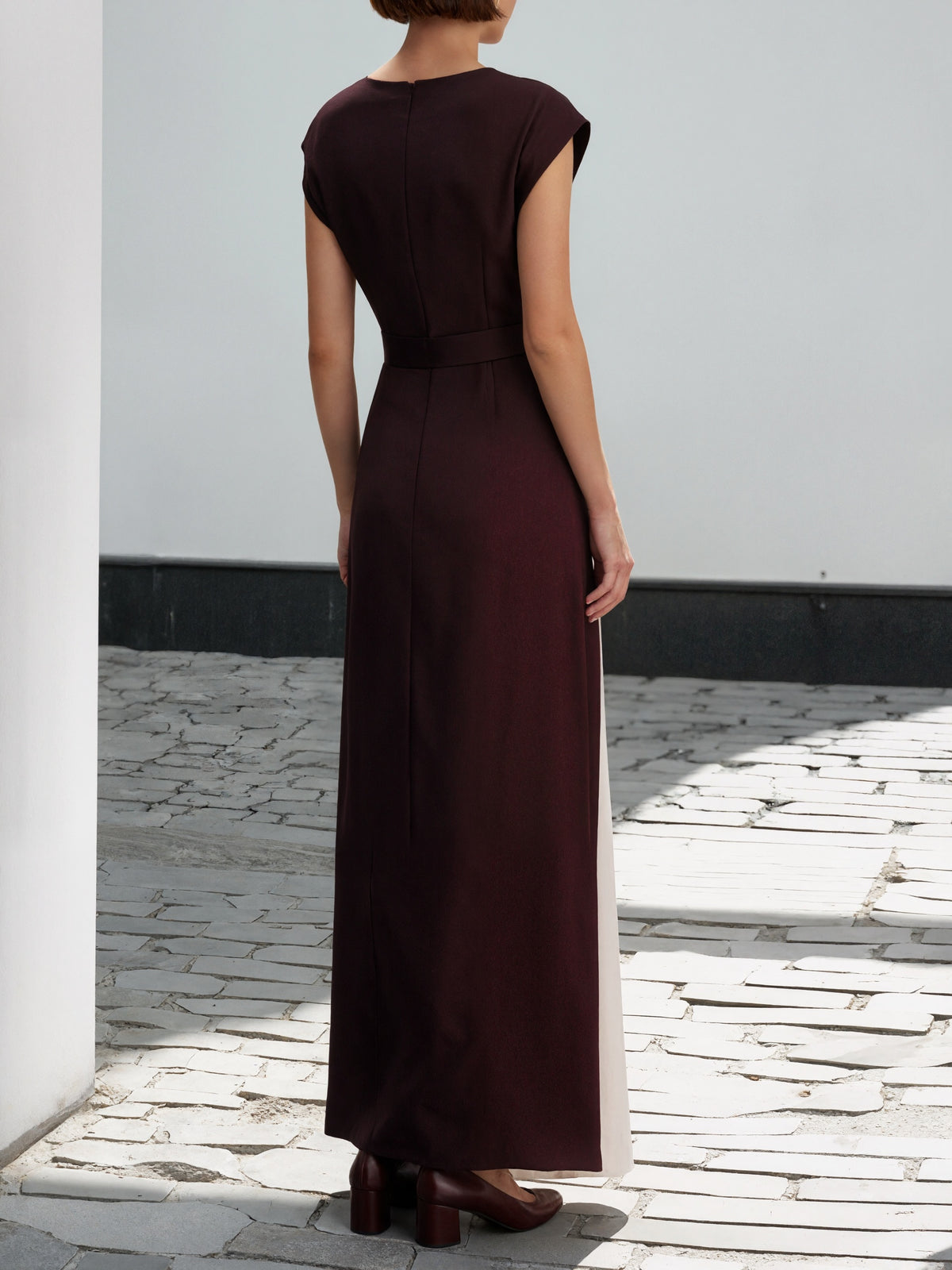 Burgundy And Ivory Color Blocked Round Neck Satin Maxi Dress