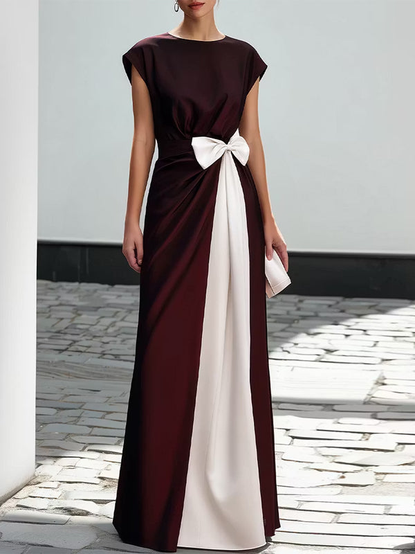 Burgundy And Ivory Color Blocked Round Neck Satin Maxi Dress