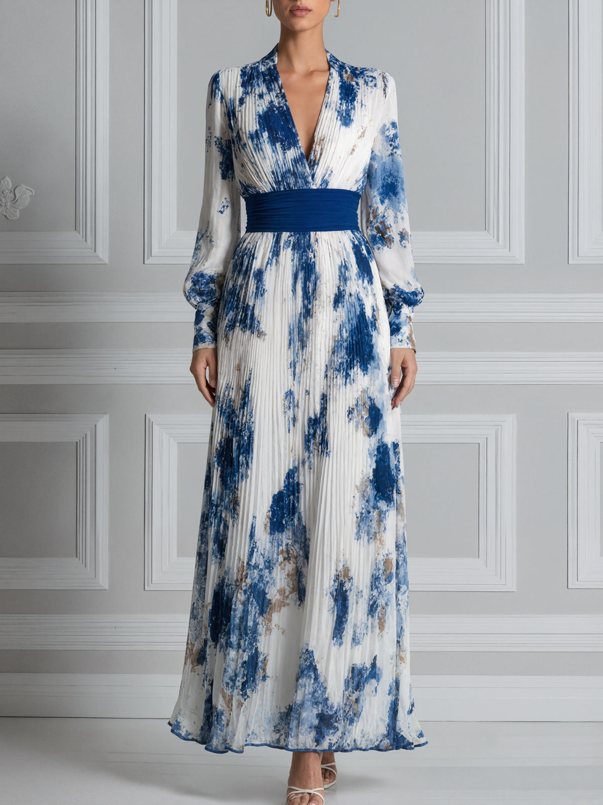 Blue Ink Wash Print Pleated Chiffon Long Sleeves Maxi Dress