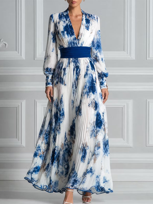 Blue Ink Wash Print Pleated Chiffon Long Sleeves Maxi Dress