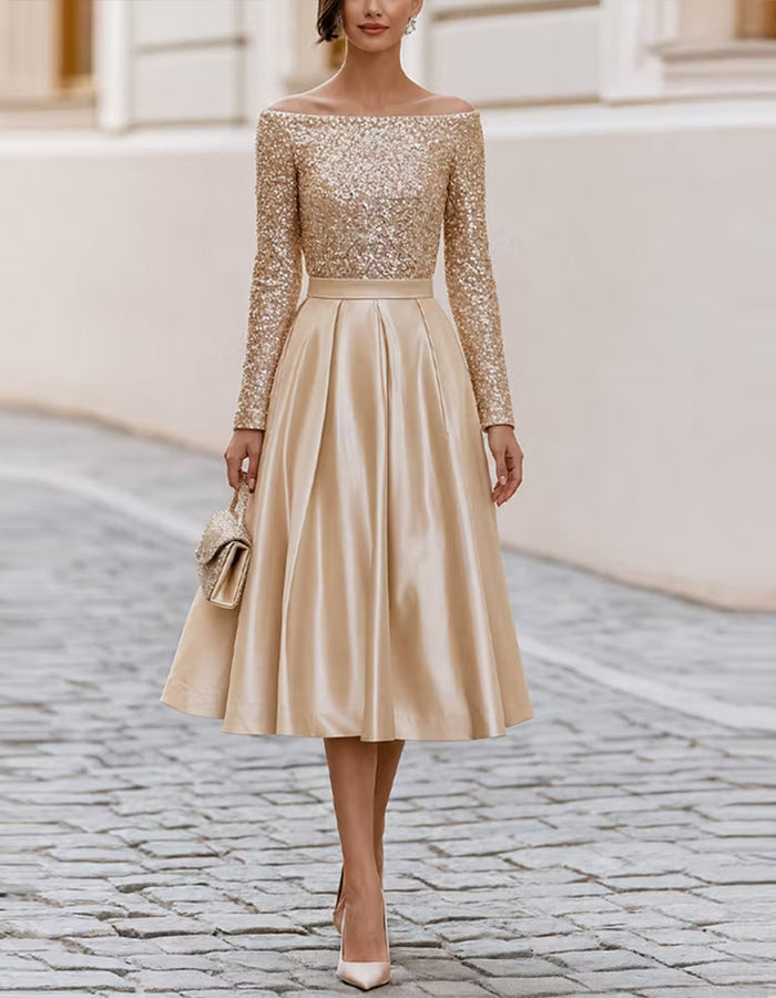 Champagne Colored Off Shoulder Long Sleeved Sequined Satin Midi Dress