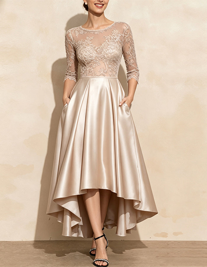 Solid Color Lace Three Quarter Sleeve High And Low Hem Satin Maxi Dress