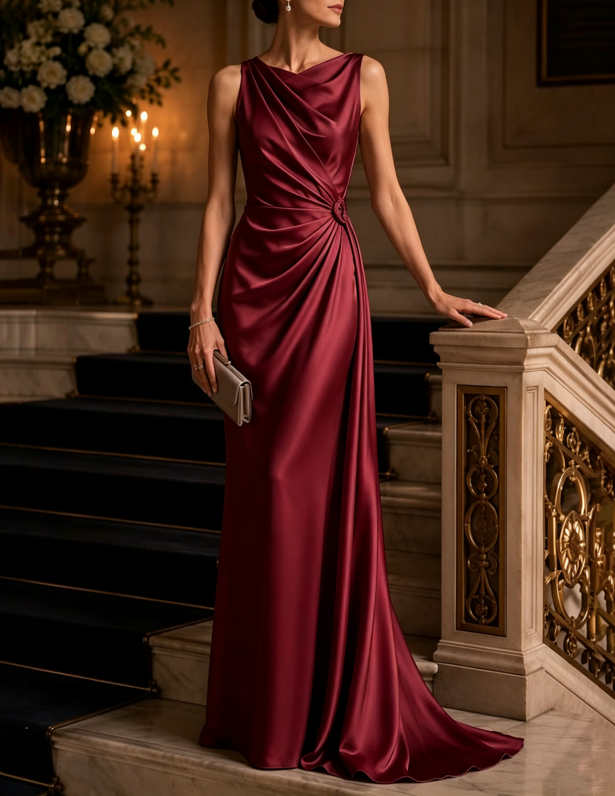 Draped Cowl Neck Satin Mermaid Maxi Dress