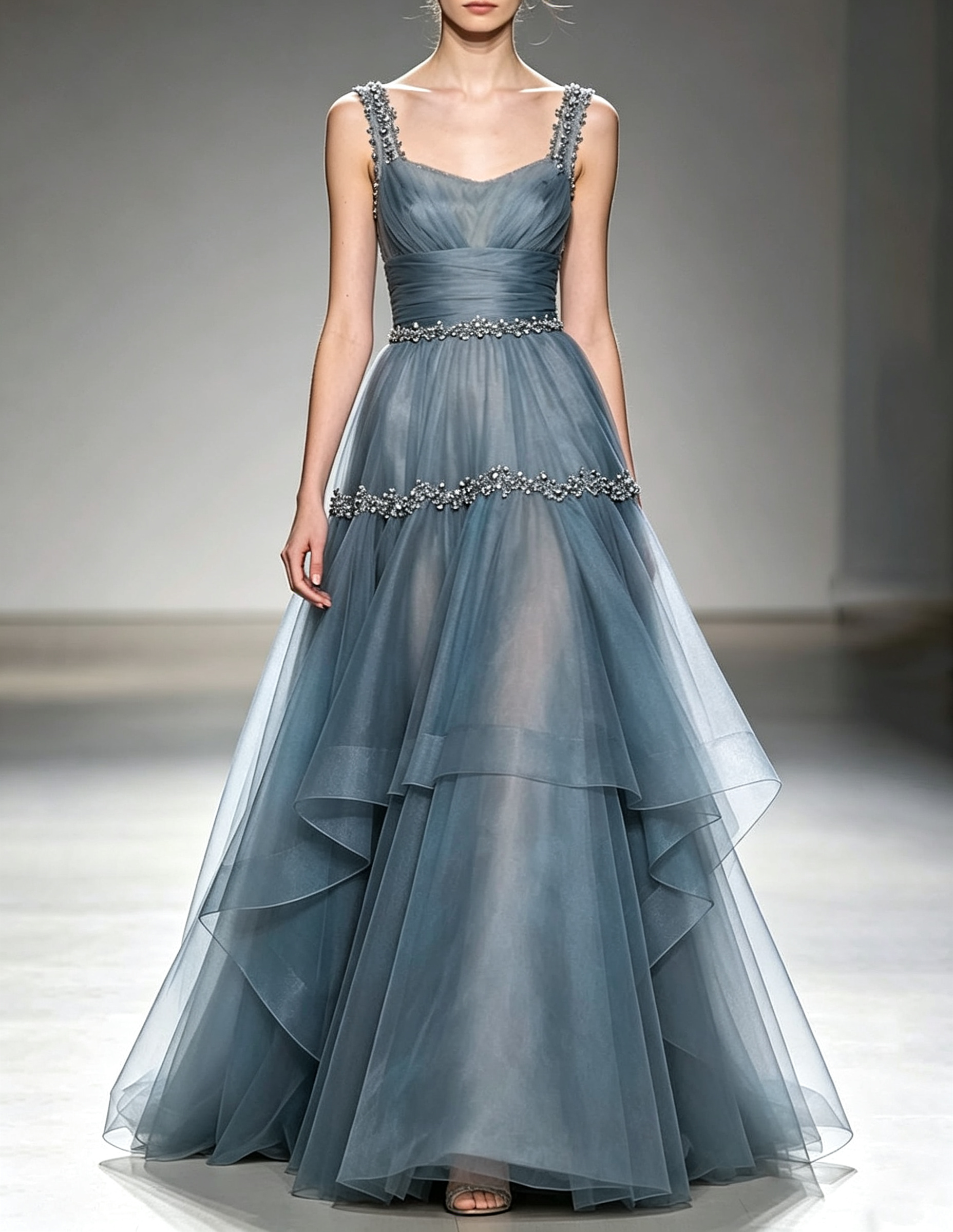 Sequins Tulle Tiered A‑Line Evening Maxi Dress