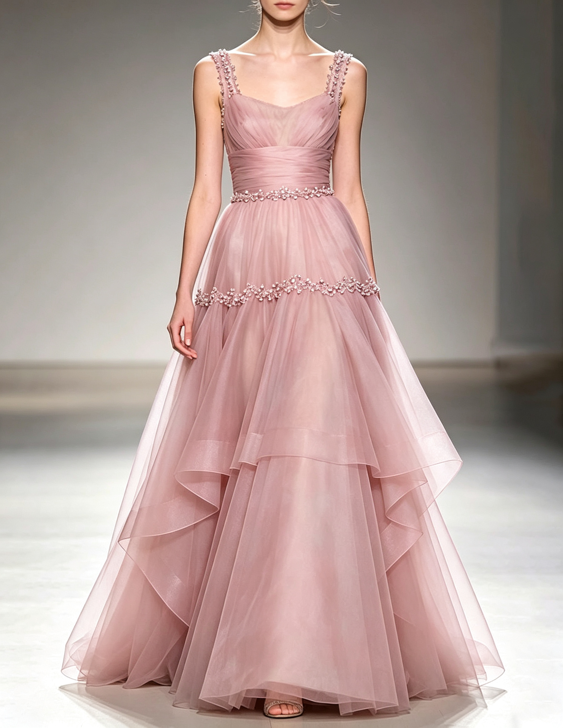Sequins Tulle Tiered A‑Line Evening Maxi Dress
