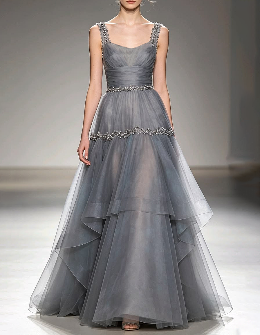 Sequins Tulle Tiered A‑Line Evening Maxi Dress