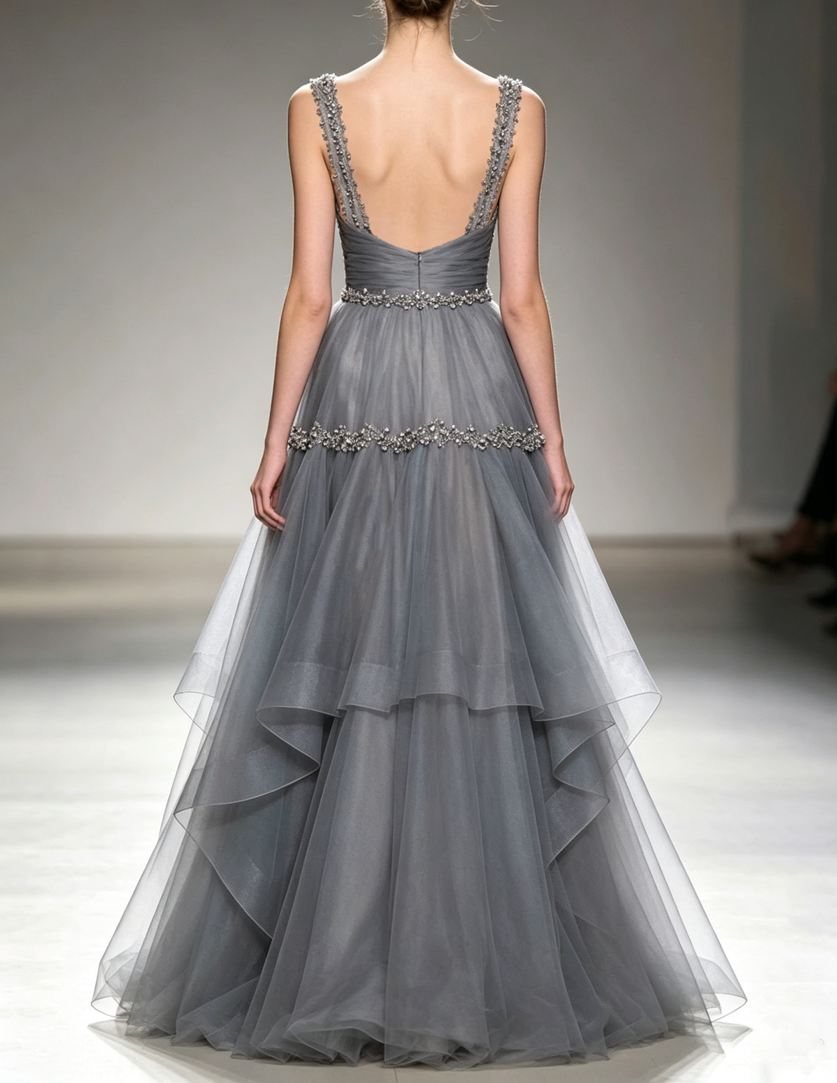 Sequins Tulle Tiered A‑Line Evening Maxi Dress