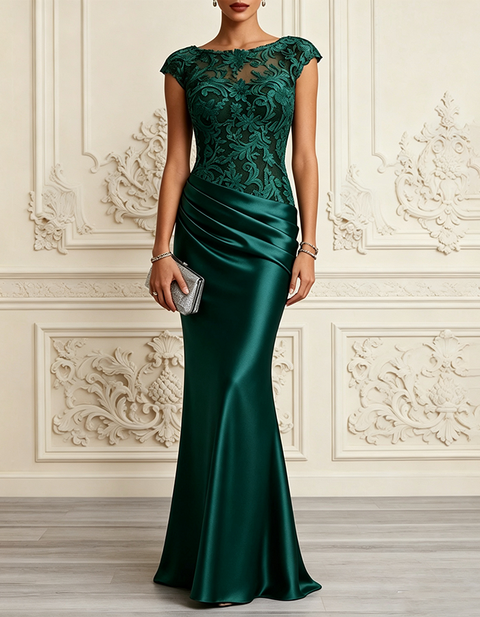 Chocolate Brown Bateau Neck Cap‑Sleeve Lace Satin Mermaid Maxi Dress