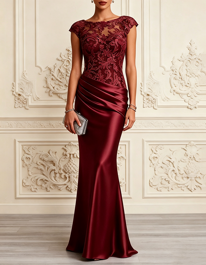 Chocolate Brown Bateau Neck Cap‑Sleeve Lace Satin Mermaid Maxi Dress