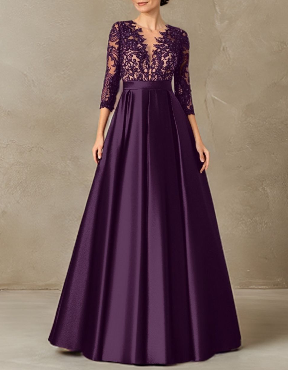 Deep V‑Neck Illusion Lace Embroidered Satin 3/4 Sleeve A‑Line Evening Maxi Dress