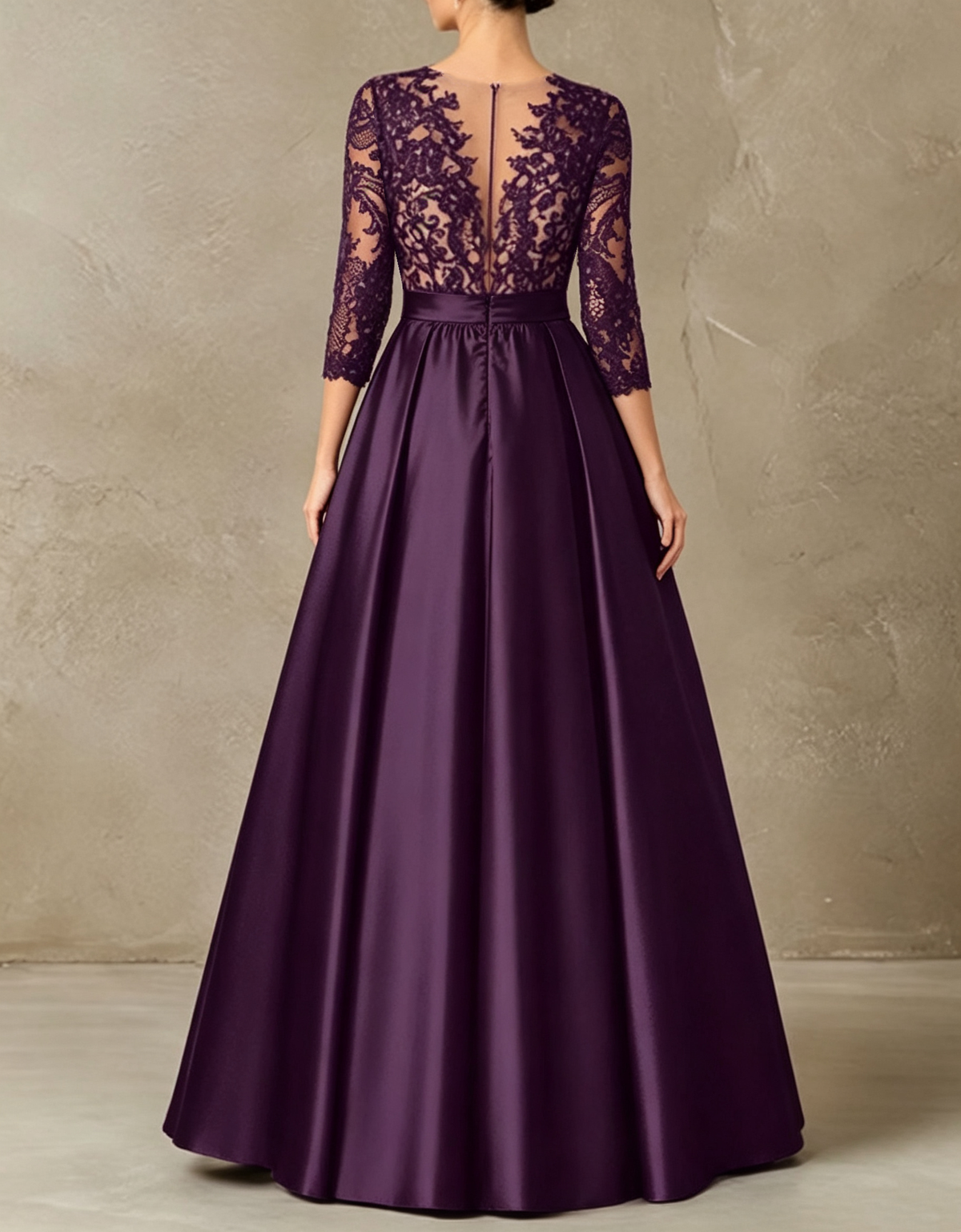 Deep V‑Neck Illusion Lace Embroidered Satin 3/4 Sleeve A‑Line Evening Maxi Dress